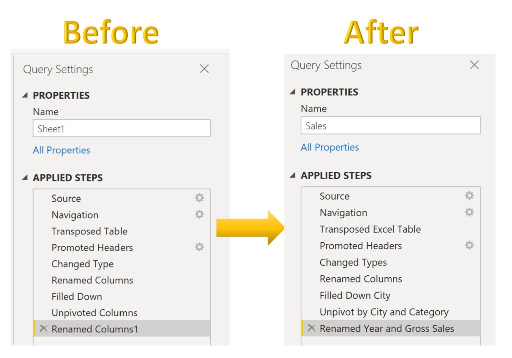 Query steps before and after being renamed